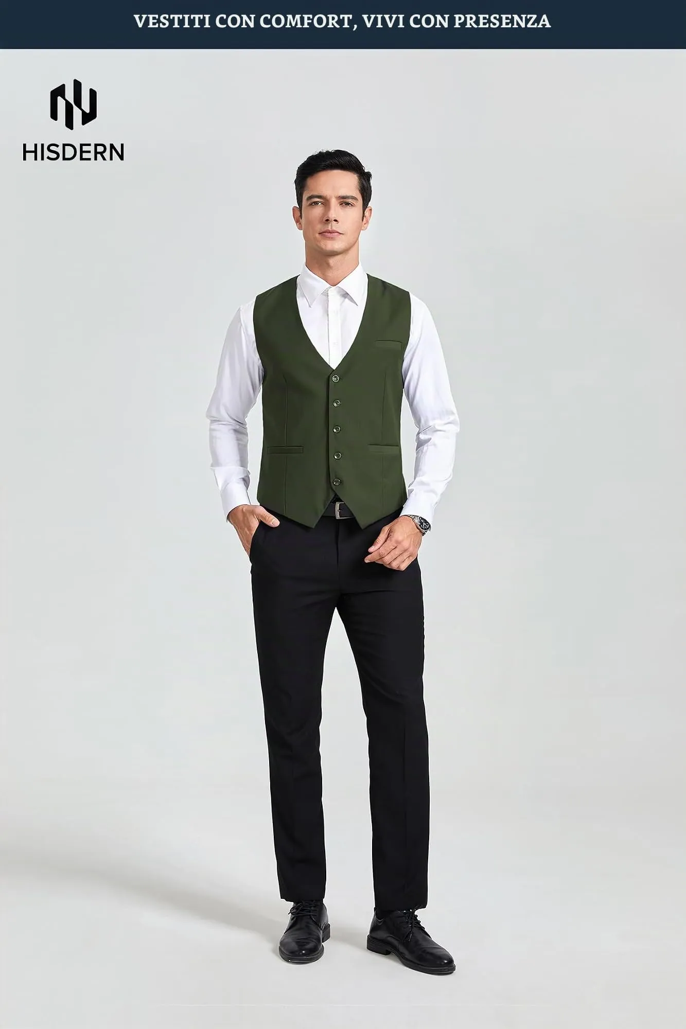 HISDERN Gilet da uomo in cotone verde - immagine 4