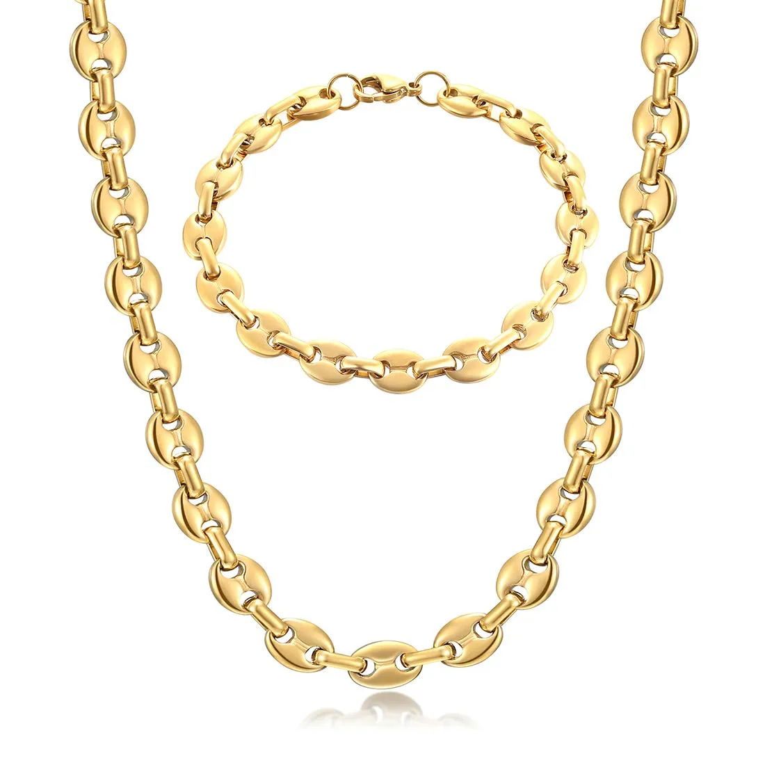 AFSTALR Set Collana e Bracciale Chicco di Caffè in Acciaio Inossidabile Oro, 11mm, 61cm - immagine 1