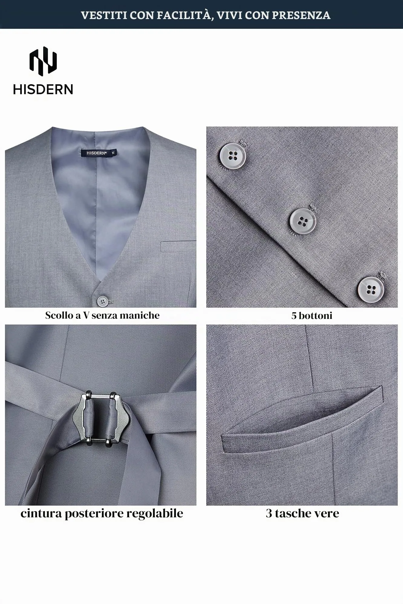 HISDERN Gilet da uomo in cotone grigio - immagine 6