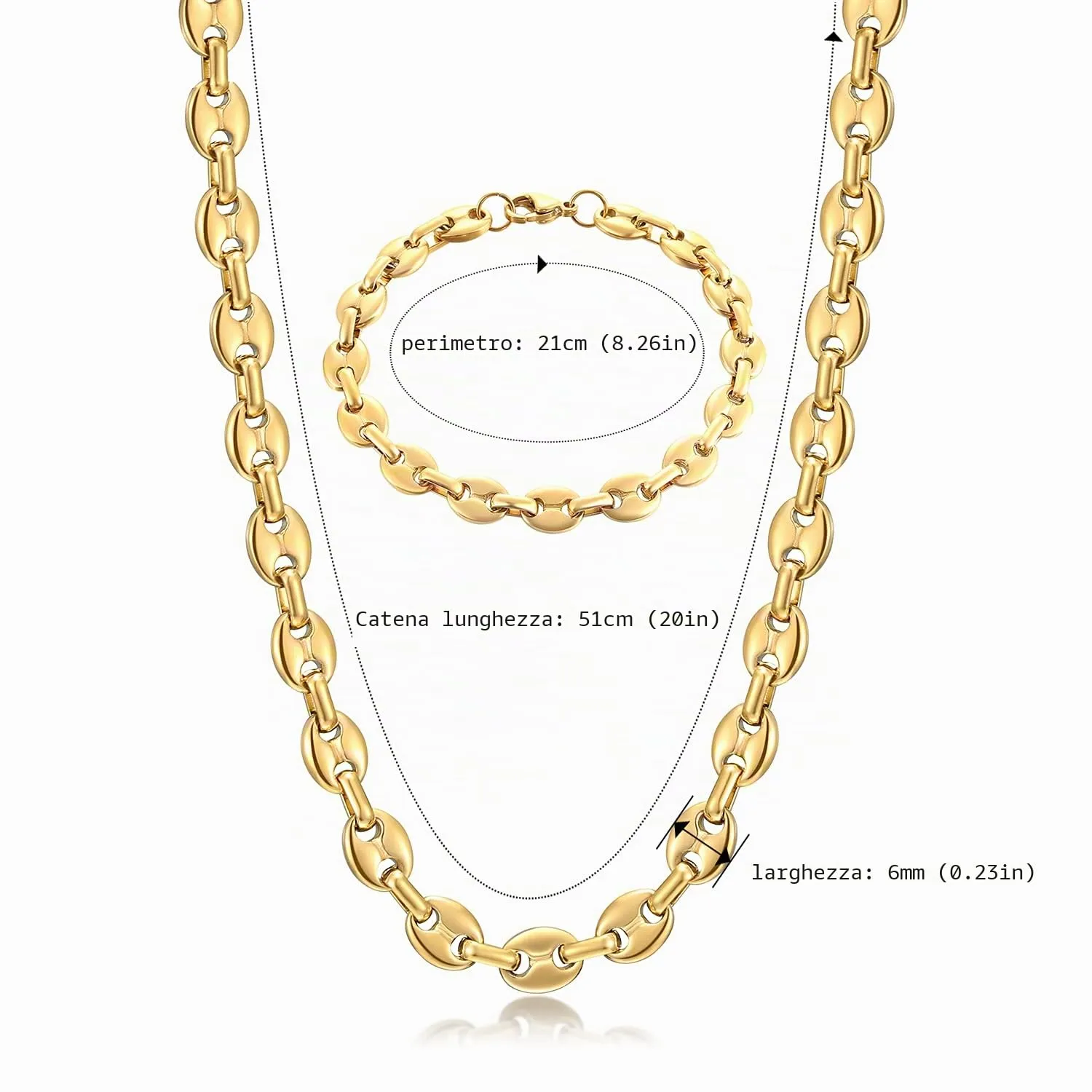 AFSTALR Set Collana e Bracciale Chicco di Caffè Uomo in Acciaio Inossidabile Oro, 6mm, 61cm - immagine 2