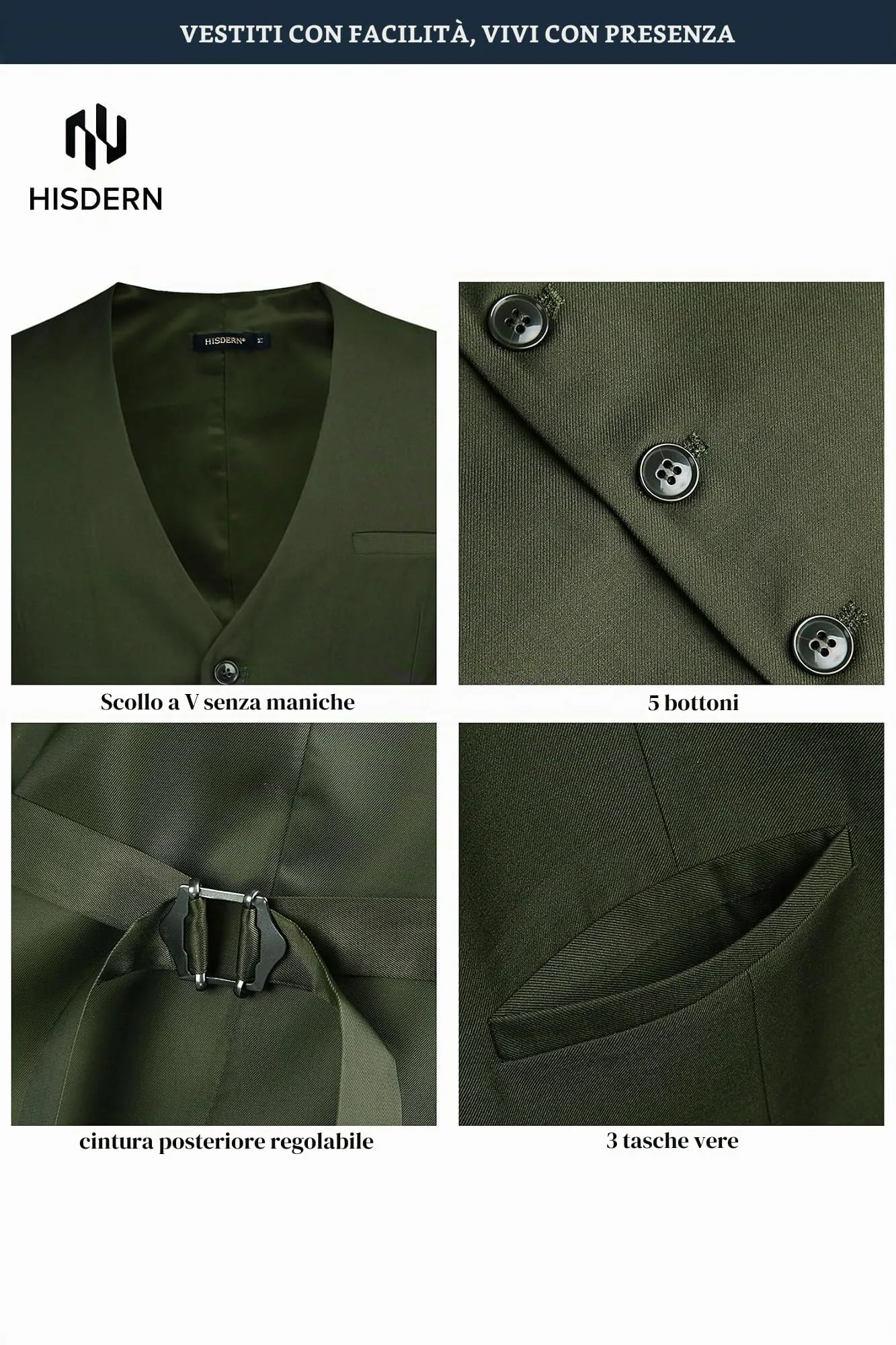 HISDERN Gilet da uomo in cotone verde - immagine 6