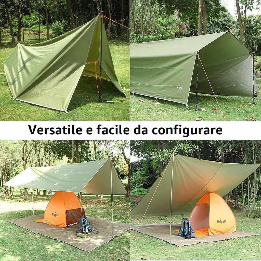 Unigear Telo Antipioggia Tarp Rain Fly 3*5m, Impermeabile per Campeggio e Trekking, Verde Esercito - immagine 2