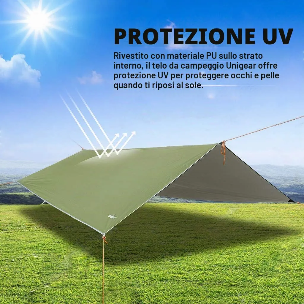 Unigear Telo Antipioggia Tarp Rain Fly 3*5m, Impermeabile per Campeggio e Trekking, Verde Esercito - immagine 4