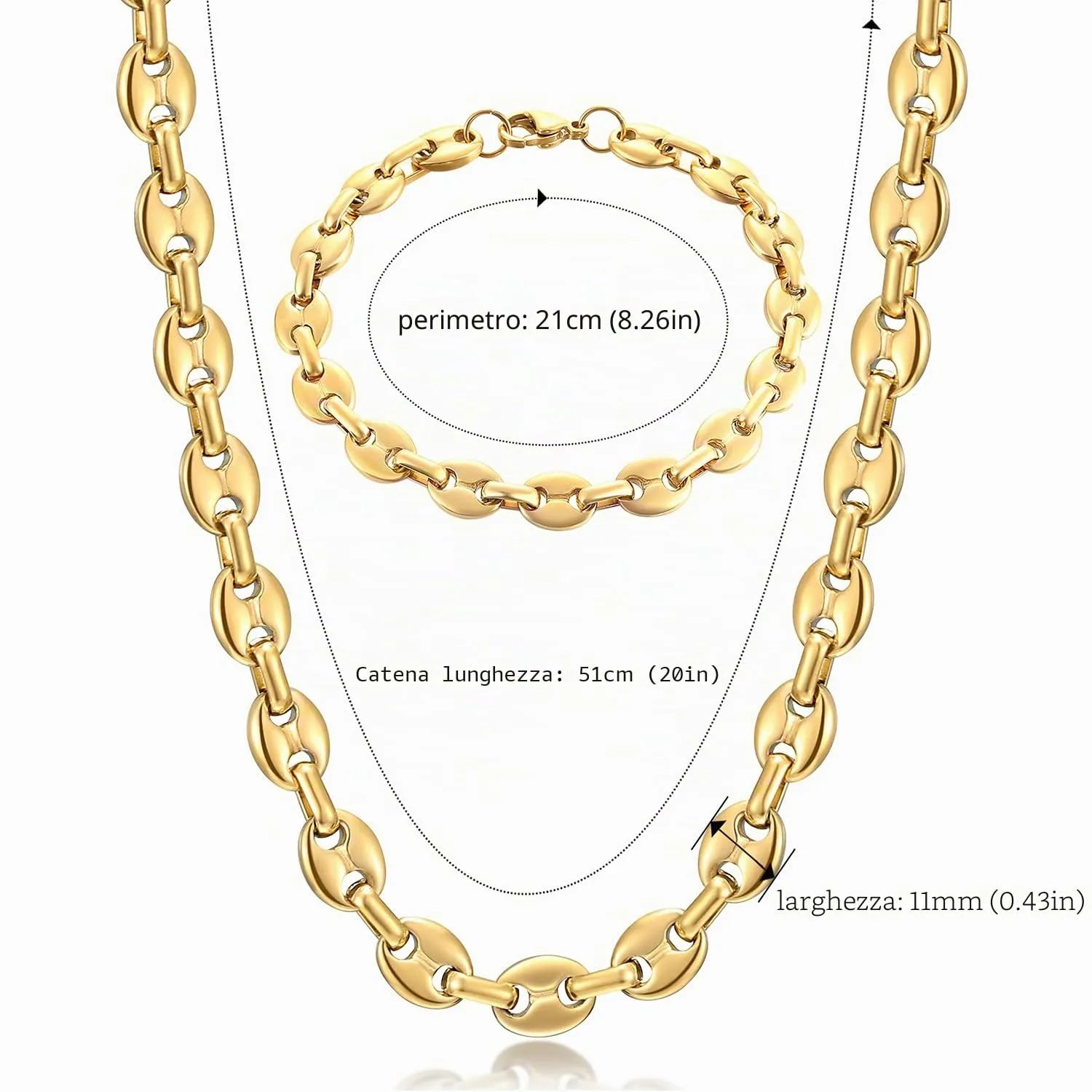 AFSTALR Set Collana e Bracciale Chicco di Caffè in Acciaio Inossidabile Oro, 11mm, 56cm - immagine 2