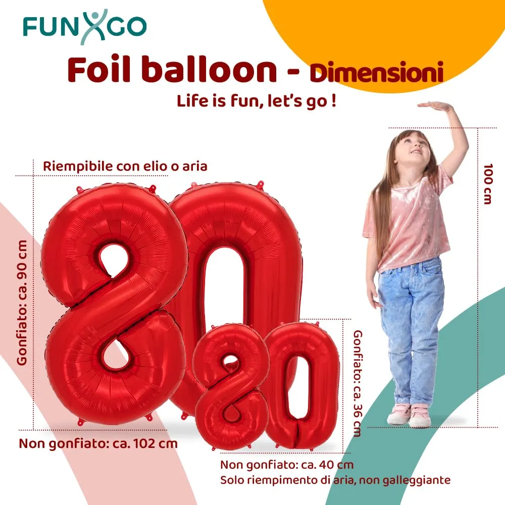 FUNXGO Palloncino Numero 80 Rosso - immagine 2