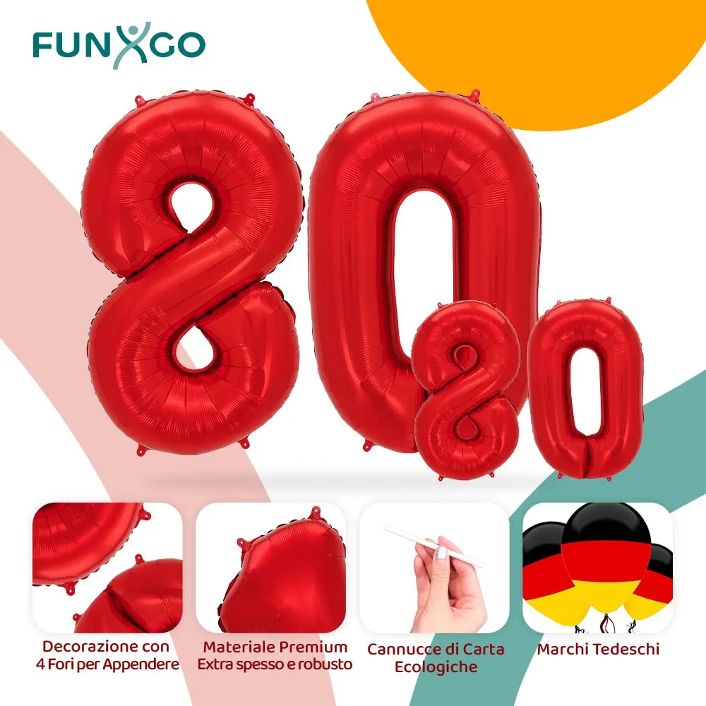 FUNXGO Palloncino Numero 80 Rosso - immagine 3