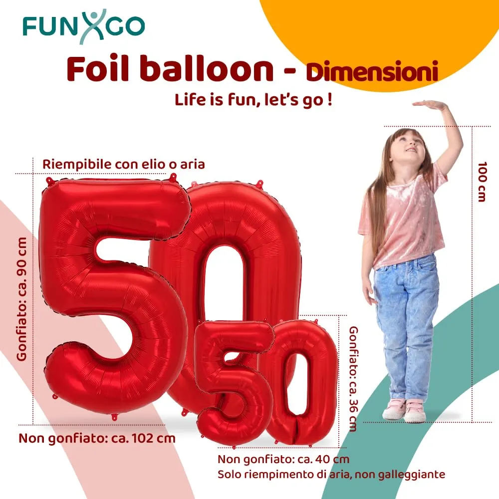 FUNXGO Palloncino Numero 50 Rosso - immagine 2