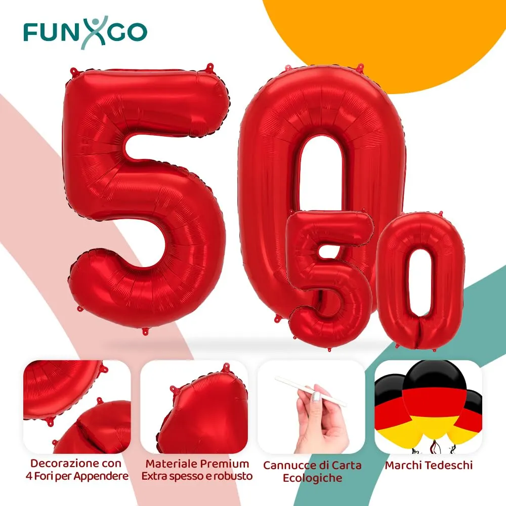 FUNXGO Palloncino Numero 50 Rosso - immagine 3
