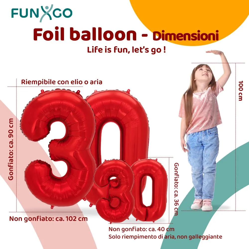 FUNXGO Palloncino Numero 30 Rosso - immagine 2
