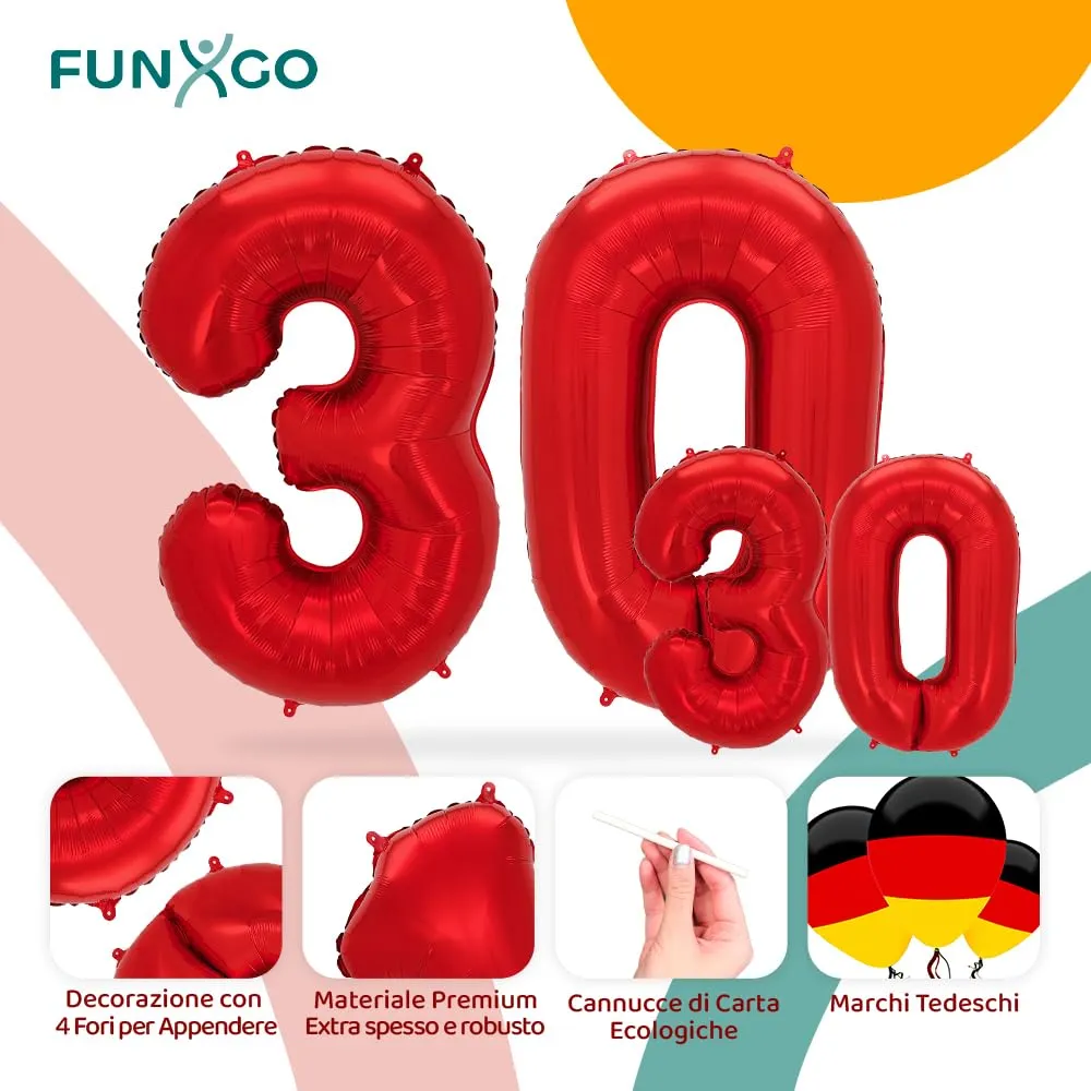 FUNXGO Palloncino Numero 30 Rosso - immagine 3