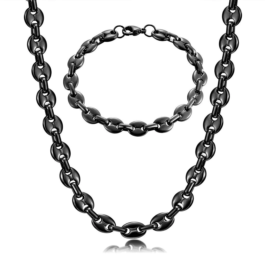 AFSTALR Set Collana e Bracciale Chicco di Caffè in Acciaio Inossidabile, 11mm, Nero, 56cm - immagine 1