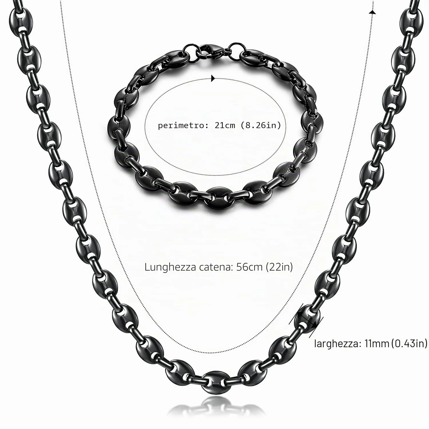 AFSTALR Set Collana e Bracciale Chicco di Caffè in Acciaio Inossidabile, 11mm, Nero, 56cm - immagine 2