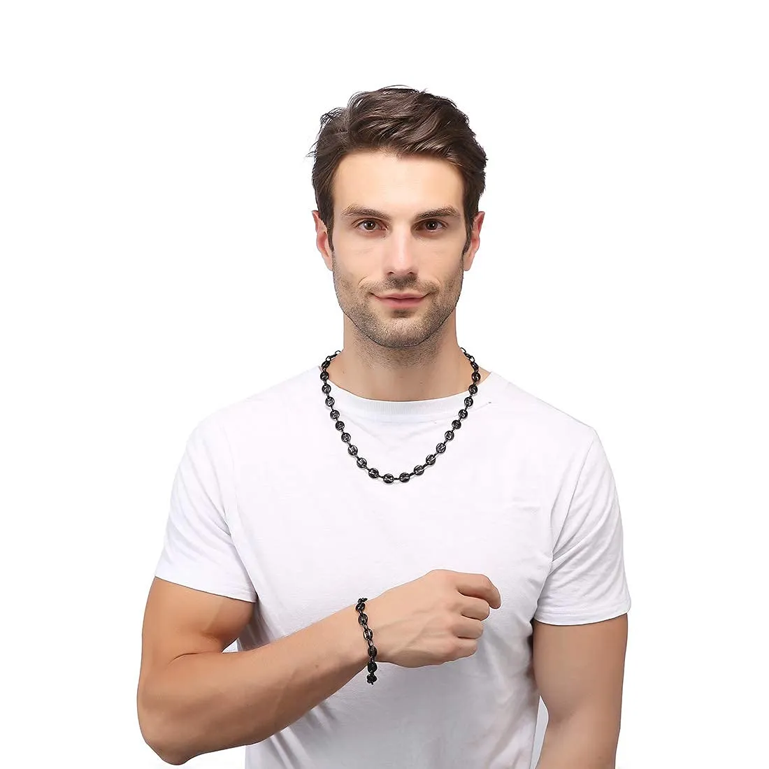 AFSTALR Set Collana e Bracciale Chicco di Caffè in Acciaio Inossidabile, 11mm, Nero, 56cm - immagine 3