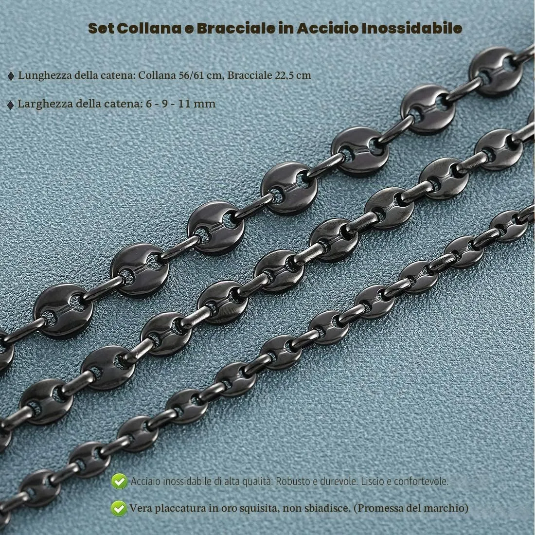 AFSTALR Set Collana e Bracciale Chicco di Caffè in Acciaio Inossidabile, 11mm, Nero, 56cm - immagine 4
