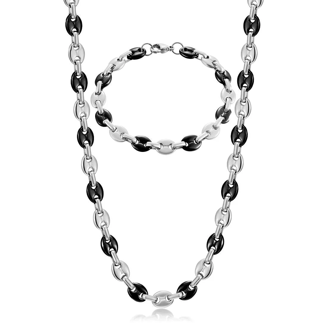 AFSTALR Collana e Bracciale in Acciaio Inossidabile, Maglia a Chicco di Caffè, 56cm, 6mm, Argento/Nero - immagine 1