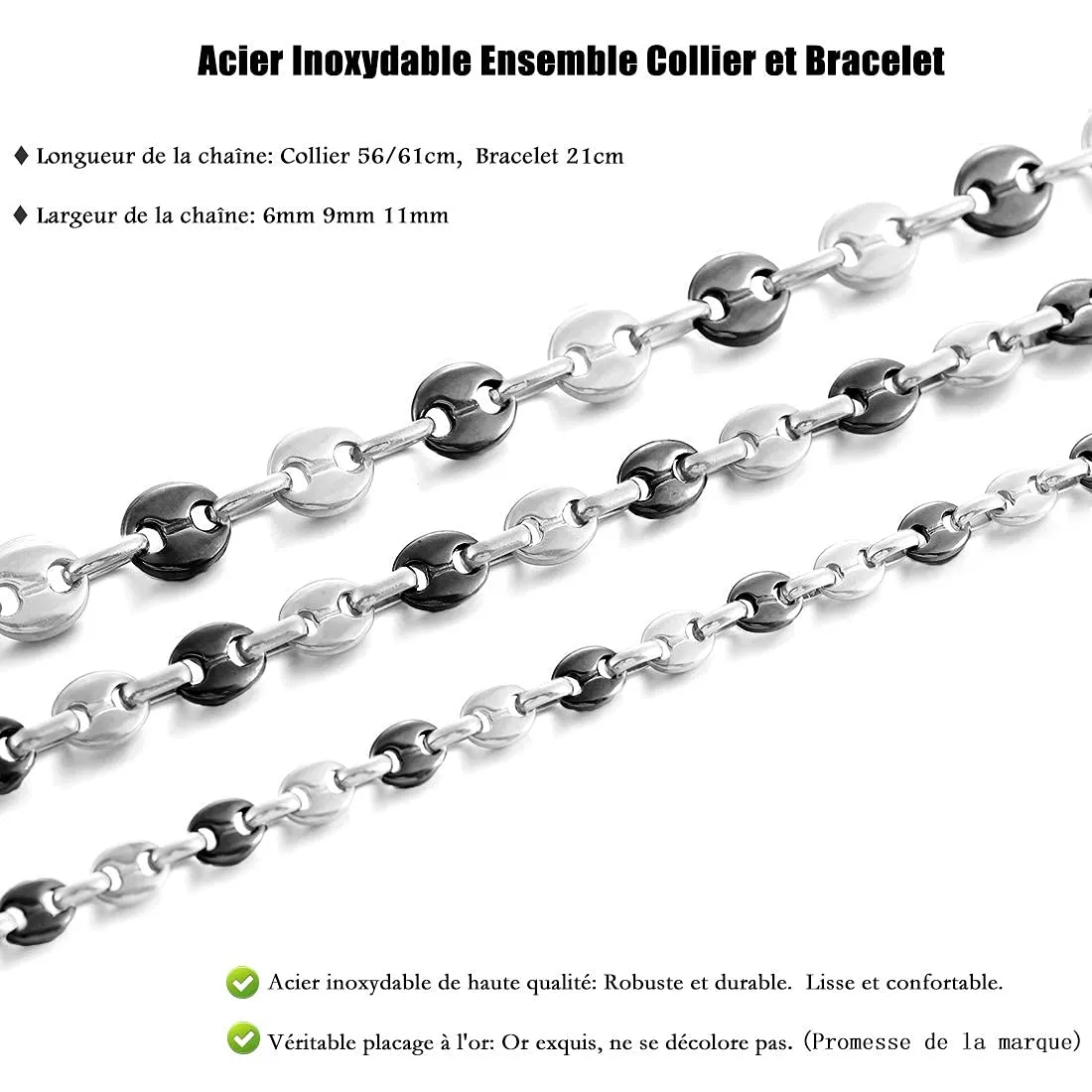 AFSTALR Collana e Bracciale in Acciaio Inossidabile, Maglia a Chicco di Caffè, 56cm, 6mm, Argento/Nero - immagine 3