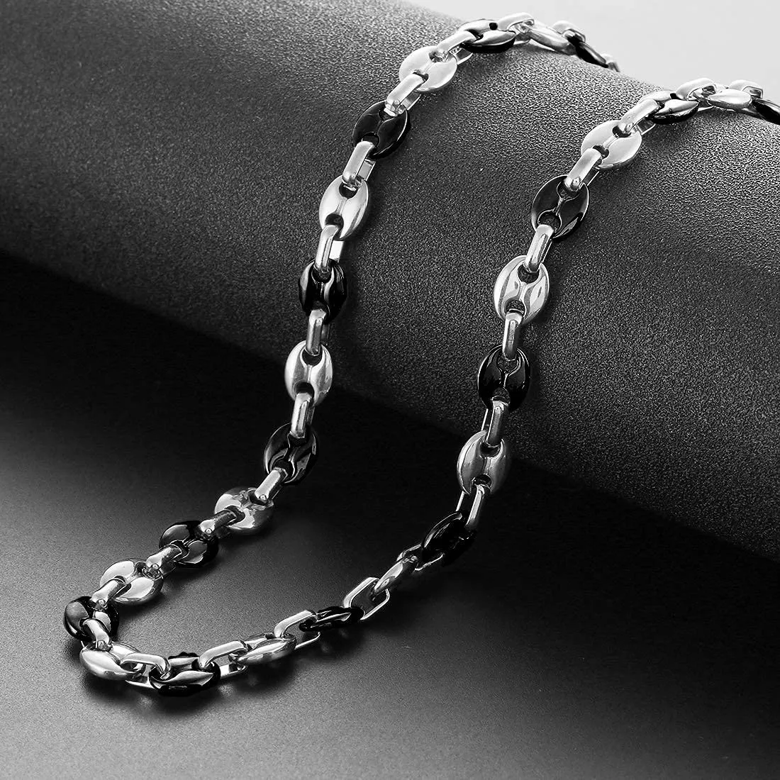 AFSTALR Collana e Bracciale in Acciaio Inossidabile, Maglia a Chicco di Caffè, 56cm, 6mm, Argento/Nero - immagine 8