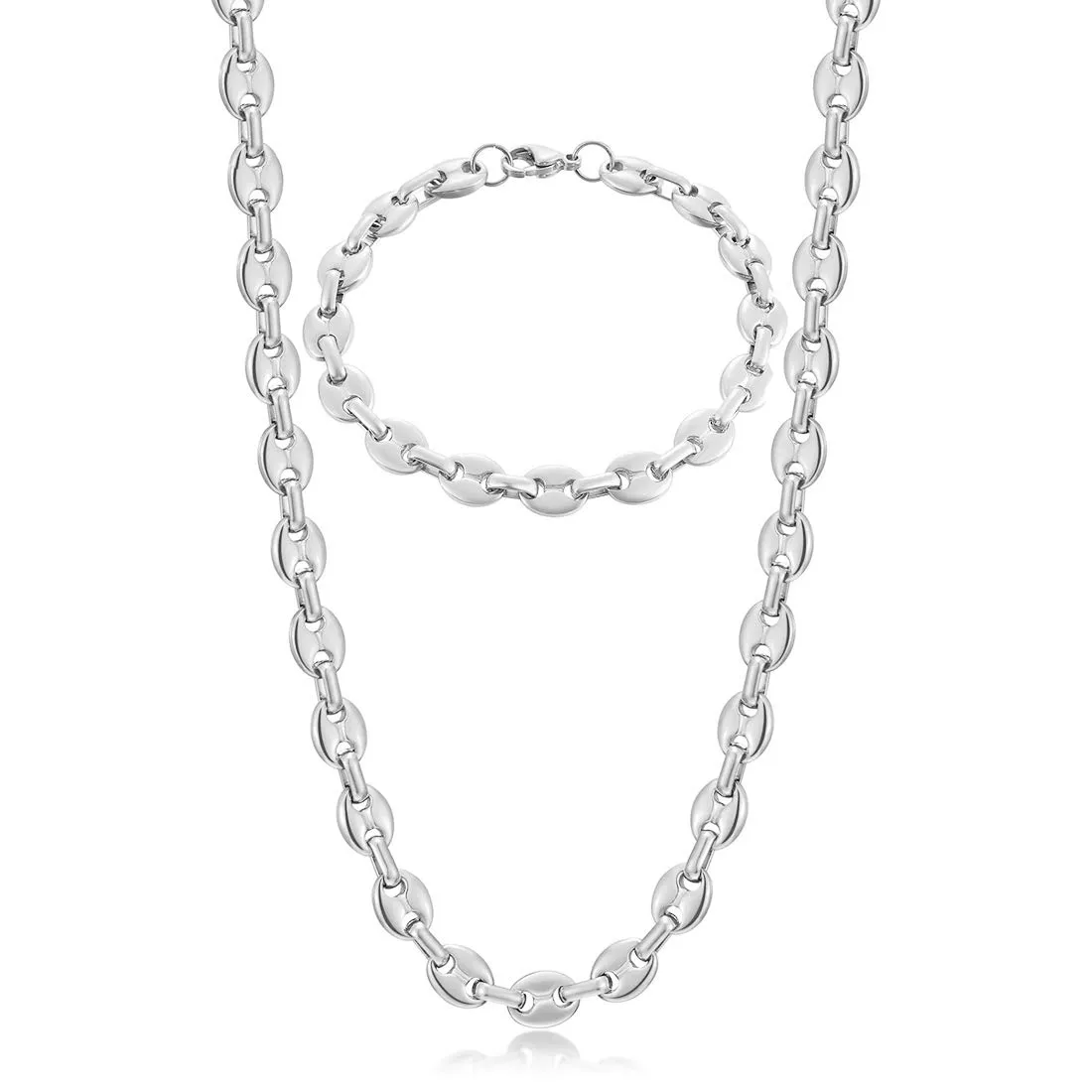 AFSTALR Set Collana e Bracciale Chicco di Caffè in Acciaio Inossidabile Argento 6mm 56cm - immagine 1