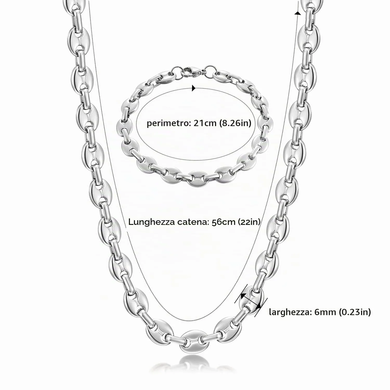 AFSTALR Set Collana e Bracciale Chicco di Caffè in Acciaio Inossidabile Argento 6mm 56cm - immagine 2