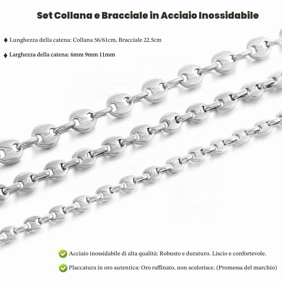 AFSTALR Set Collana e Bracciale Chicco di Caffè in Acciaio Inossidabile Argento 6mm 56cm - immagine 4