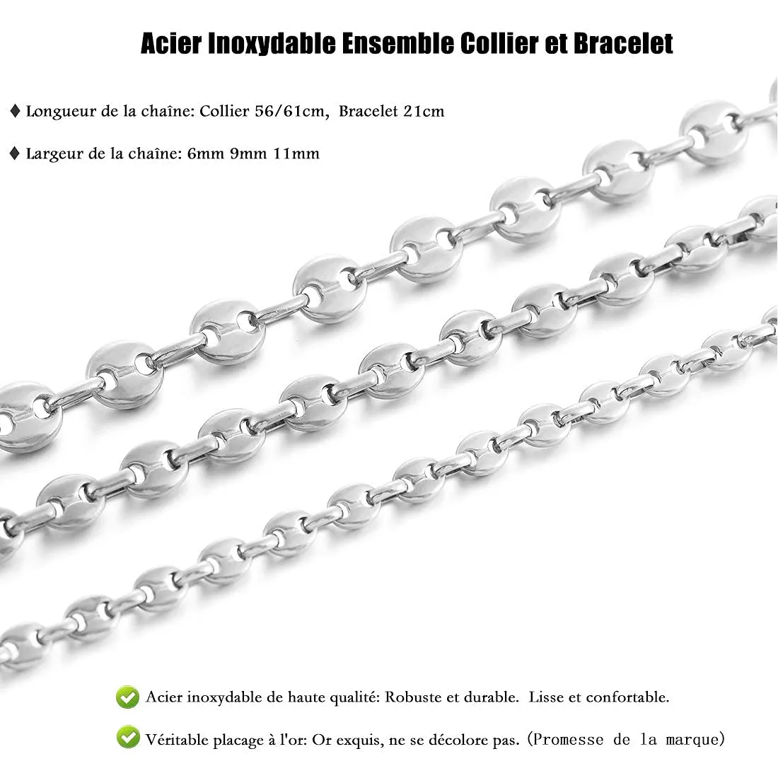AFSTALR Collana e bracciale in acciaio inossidabile a maglia a chicco di caffè da uomo, argento, 61cm, 9mm - immagine 4