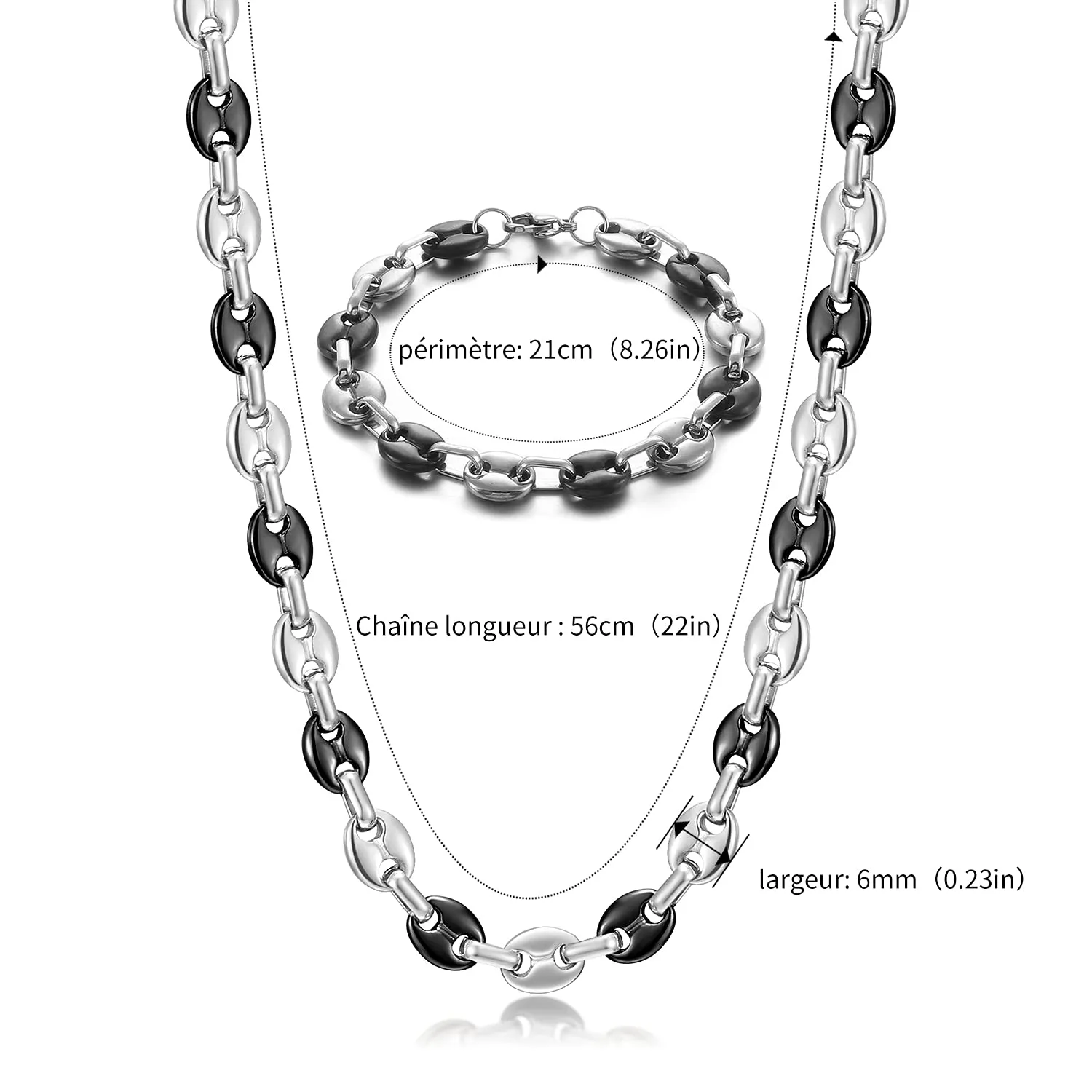 AFSTALR Collana e bracciale in acciaio inossidabile a maglia a chicco di caffè da uomo, 6mm, Argento/Nero, 61cm - immagine 2