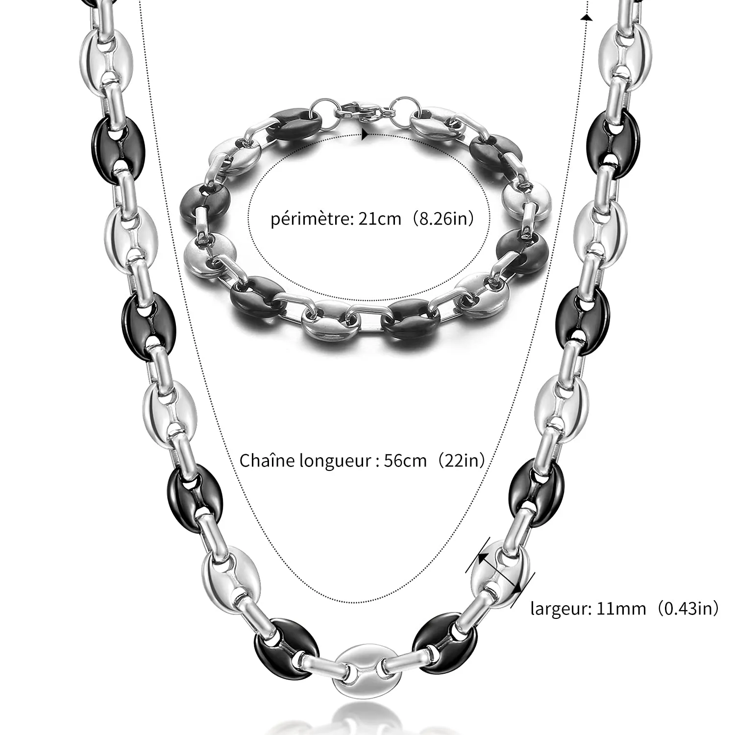 AFSTALR Collana e Bracciale in Acciaio Inossidabile a Maglia a Chicco di Caffè da Uomo, 11mm, Argento/Nero, 56cm - immagine 2
