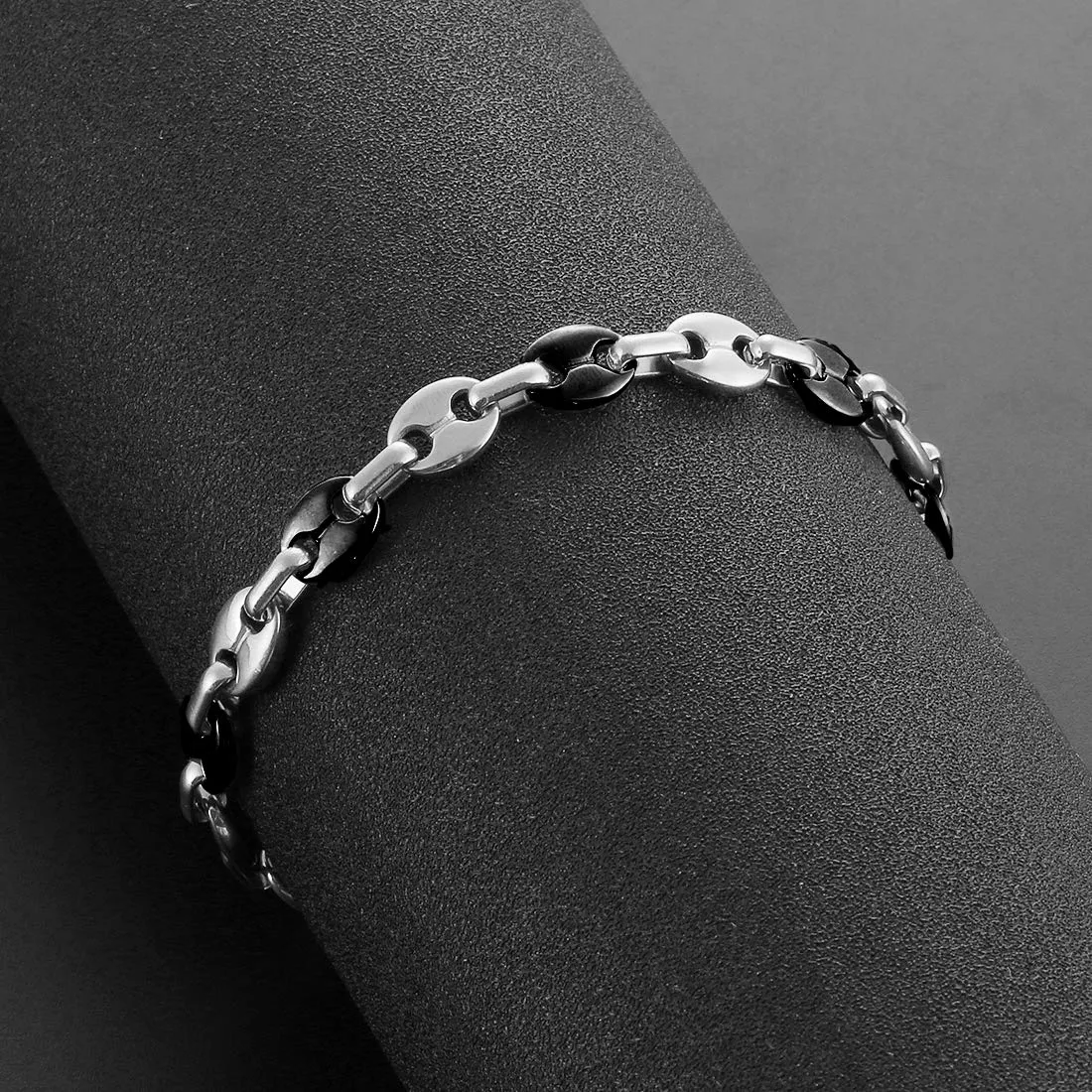 AFSTALR Collana e Bracciale in Acciaio Inossidabile a Maglia a Chicco di Caffè da Uomo, 11mm, Argento/Nero, 56cm - immagine 4