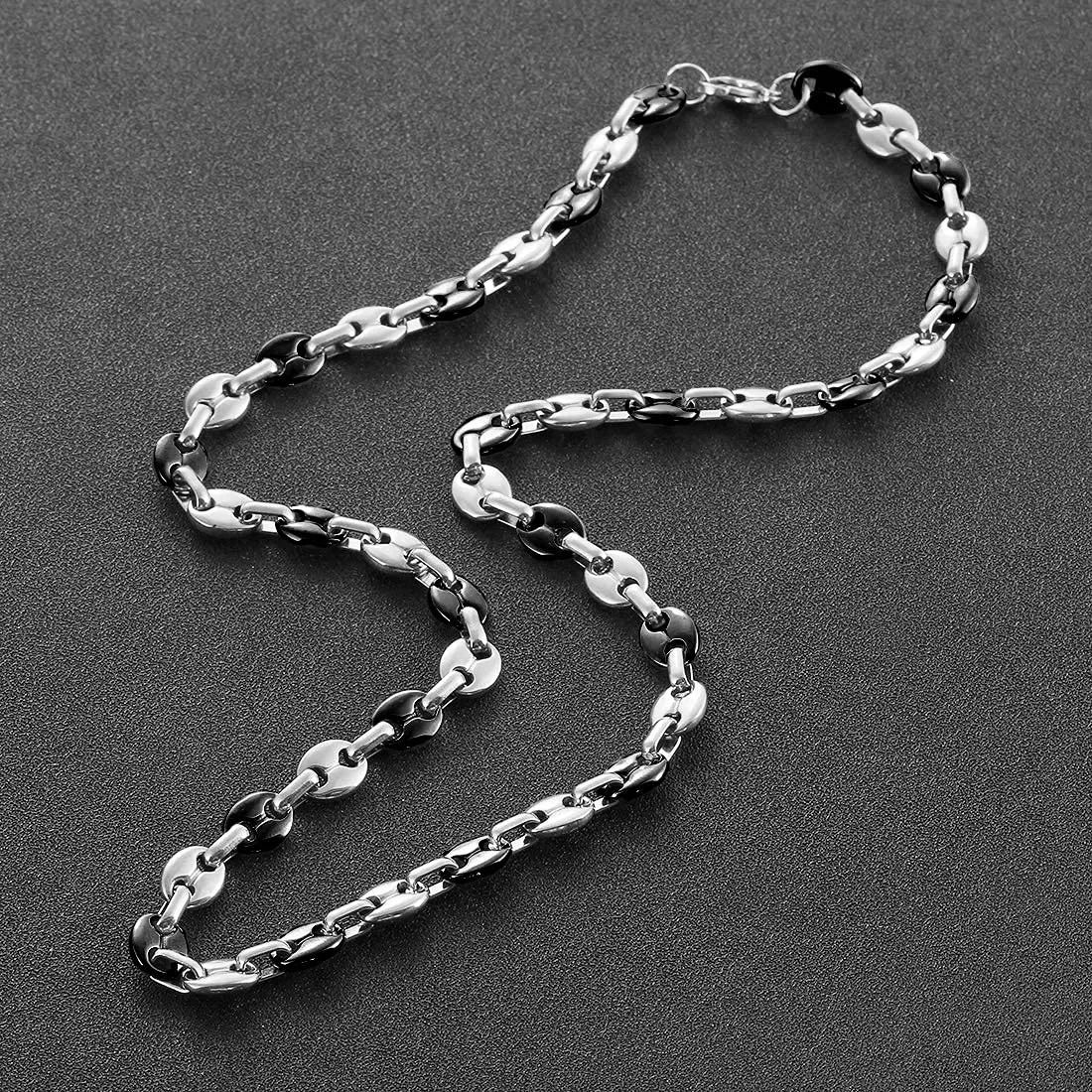 AFSTALR Collana e Bracciale in Acciaio Inossidabile a Maglia a Chicco di Caffè da Uomo, 11mm, Argento/Nero, 56cm - immagine 6