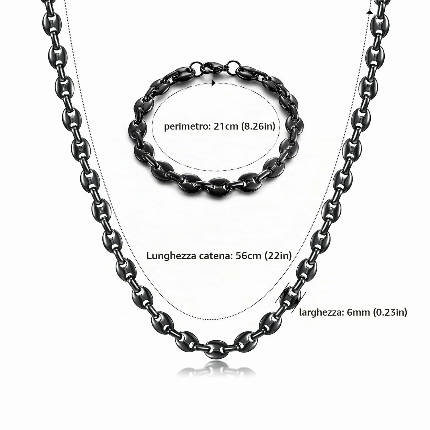 AFSTALR Collana e bracciale in acciaio inossidabile a maglia a chicco di caffè da uomo, nero, 61cm, 11mm - immagine 2