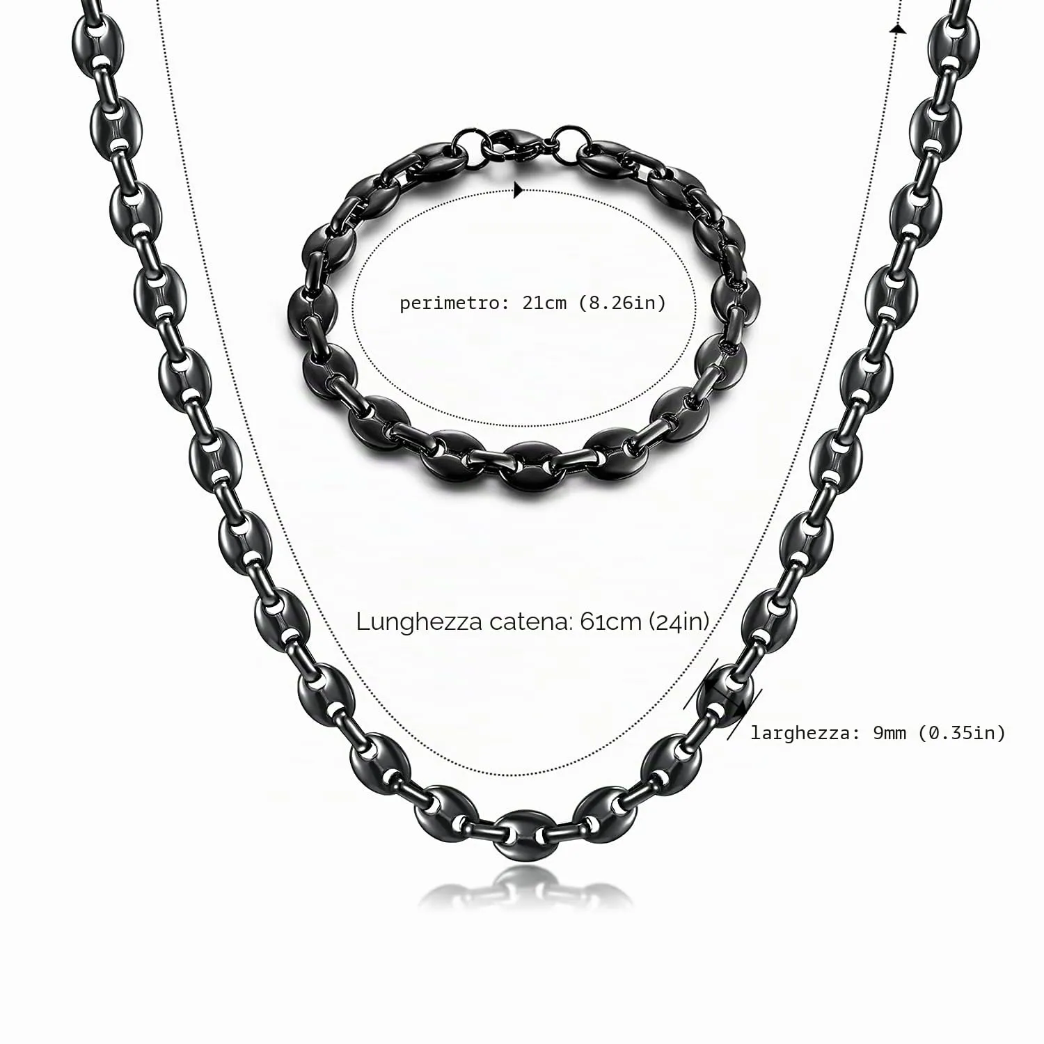 AFSTALR Collana e Bracciale in Acciaio Inossidabile a Maglia a Chicco di Caffè da Uomo, Nero, 56cm, 9mm - immagine 2