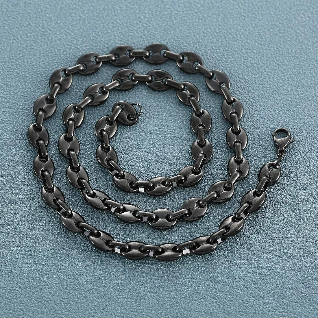 AFSTALR Collana e Bracciale in Acciaio Inossidabile a Maglia a Chicco di Caffè da Uomo, Nero, 56cm, 9mm - immagine 5