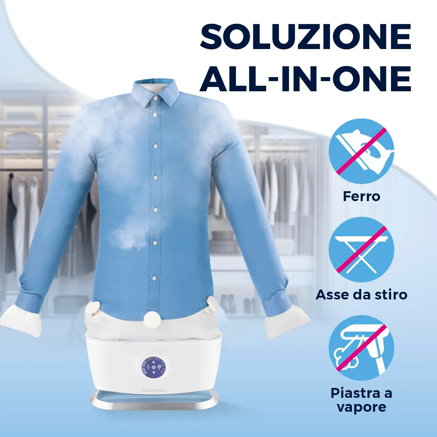 CLEANmaxx Ferro da stiro automatico a vapore per camicie e camicette, 2 programmi, display touch - immagine 9