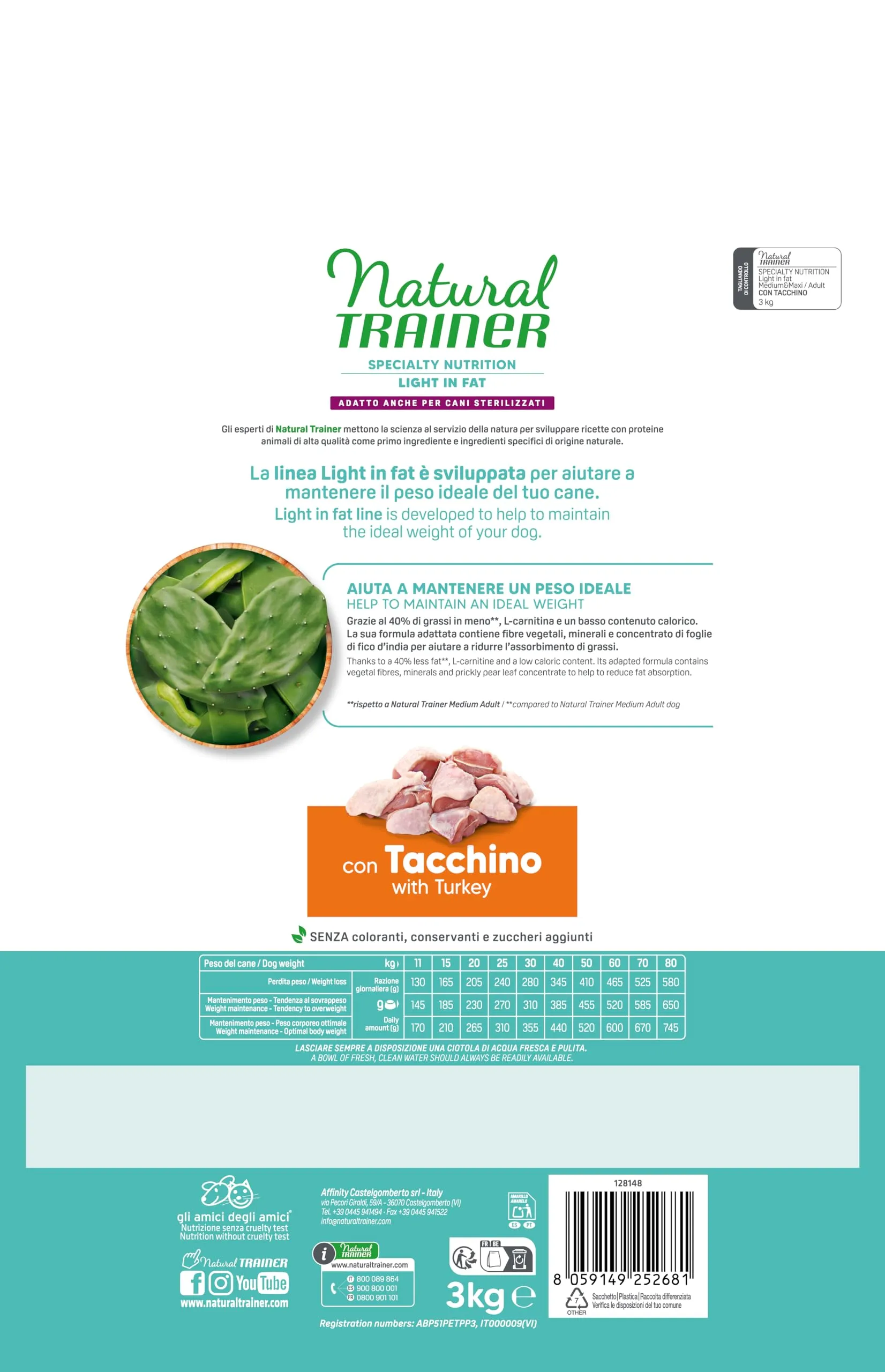 Trainer Natural Ideal Weight Medium & Maxi Dog Food, Light in Fat with Turkey, 3kg - immagine 3