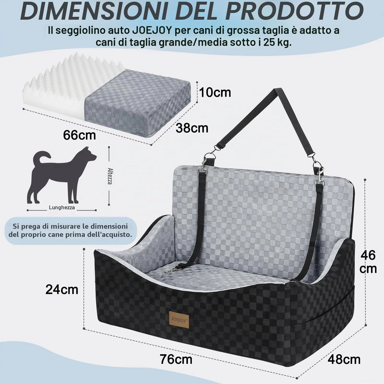 JOEJOY Seggiolino Auto per Cani Media/Grande, con Memory Foam e 2 Guinzagli di Sicurezza, Grigio Grande - immagine 5