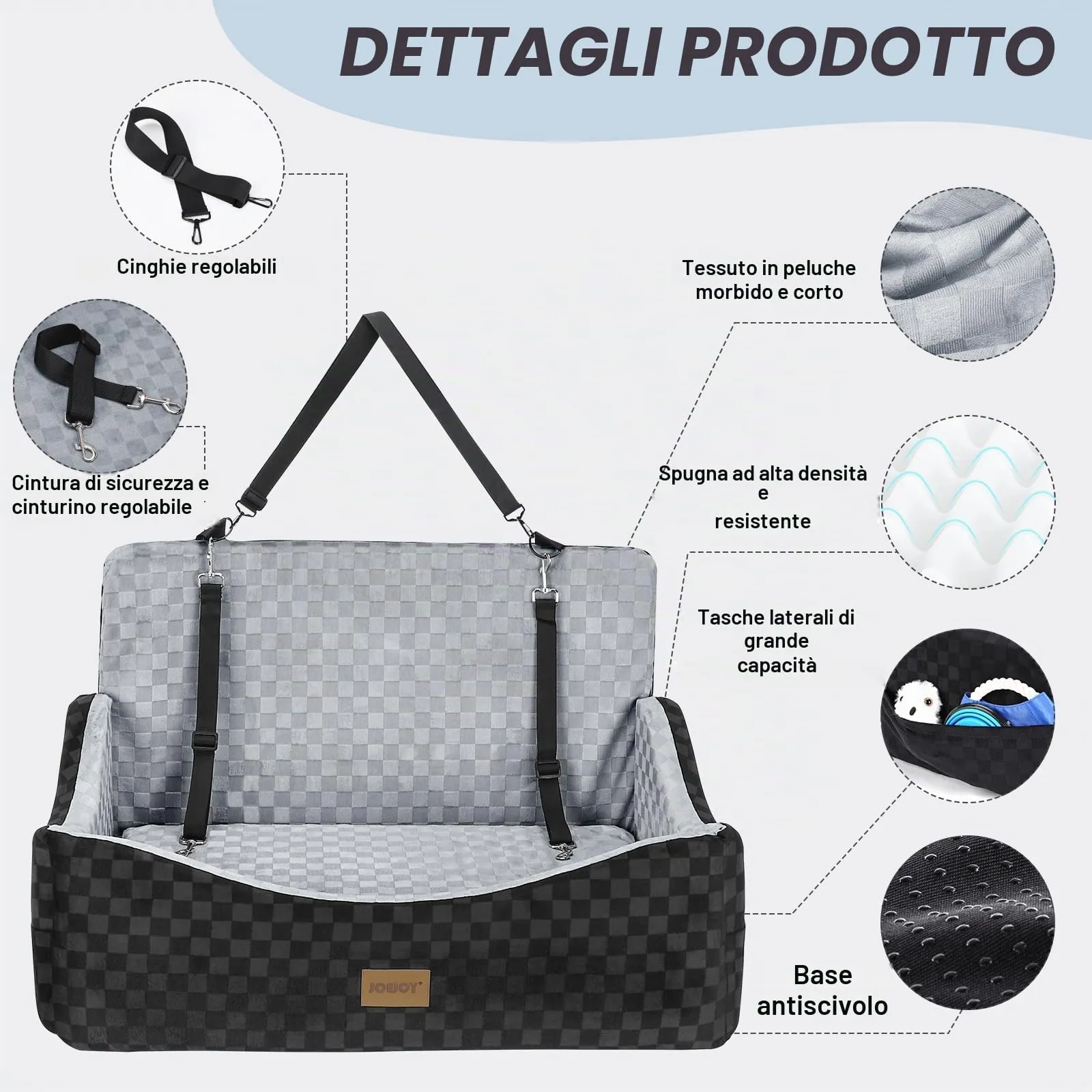 JOEJOY Seggiolino Auto per Cani Media/Grande, con Memory Foam e 2 Guinzagli di Sicurezza, Grigio Grande - immagine 6