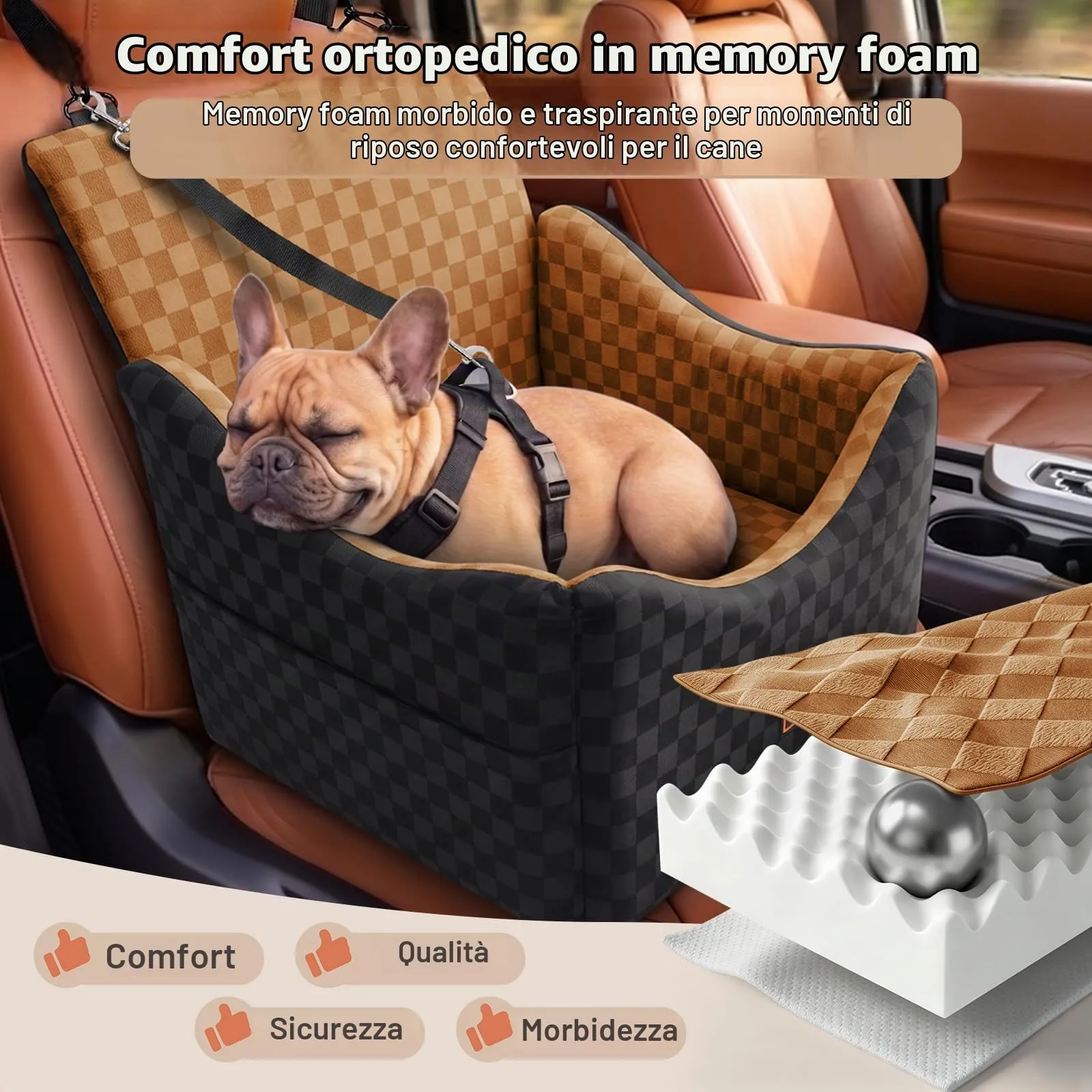 JOEJOY Seggiolino Auto per Cani di Piccola e Media Taglia, Memory Foam, Reversibile, Marrone - immagine 3