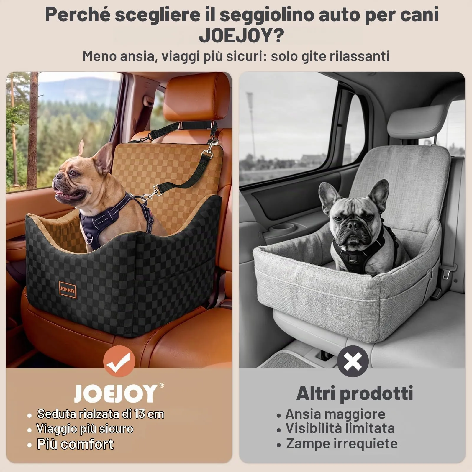 JOEJOY Seggiolino Auto per Cani di Piccola e Media Taglia, Memory Foam, Reversibile, Marrone - immagine 4