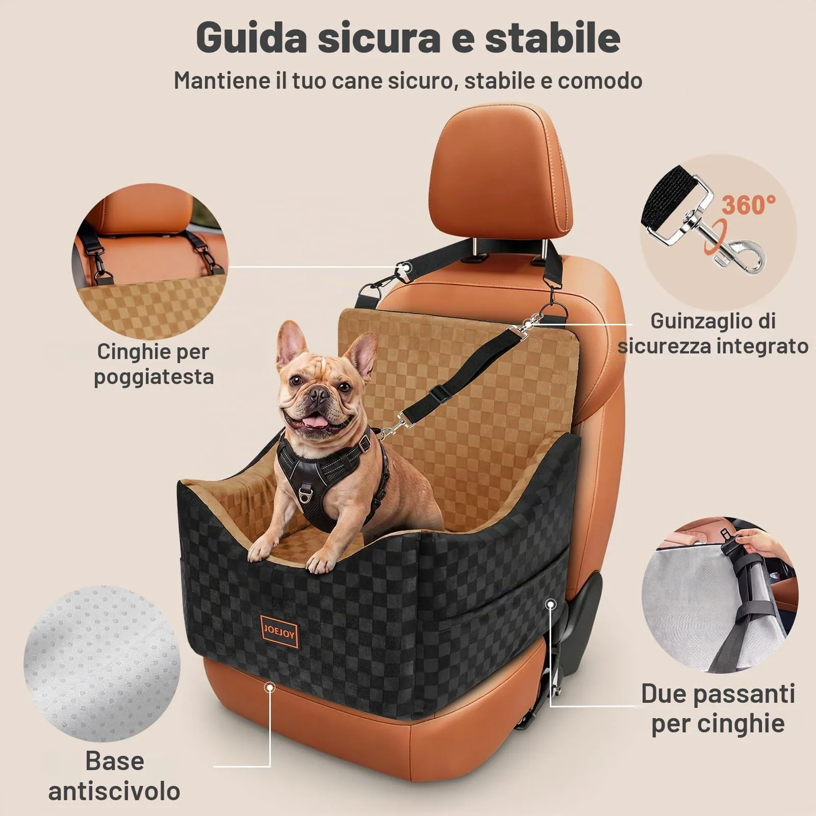 JOEJOY Seggiolino Auto per Cani di Piccola e Media Taglia, Memory Foam, Reversibile, Marrone - immagine 5