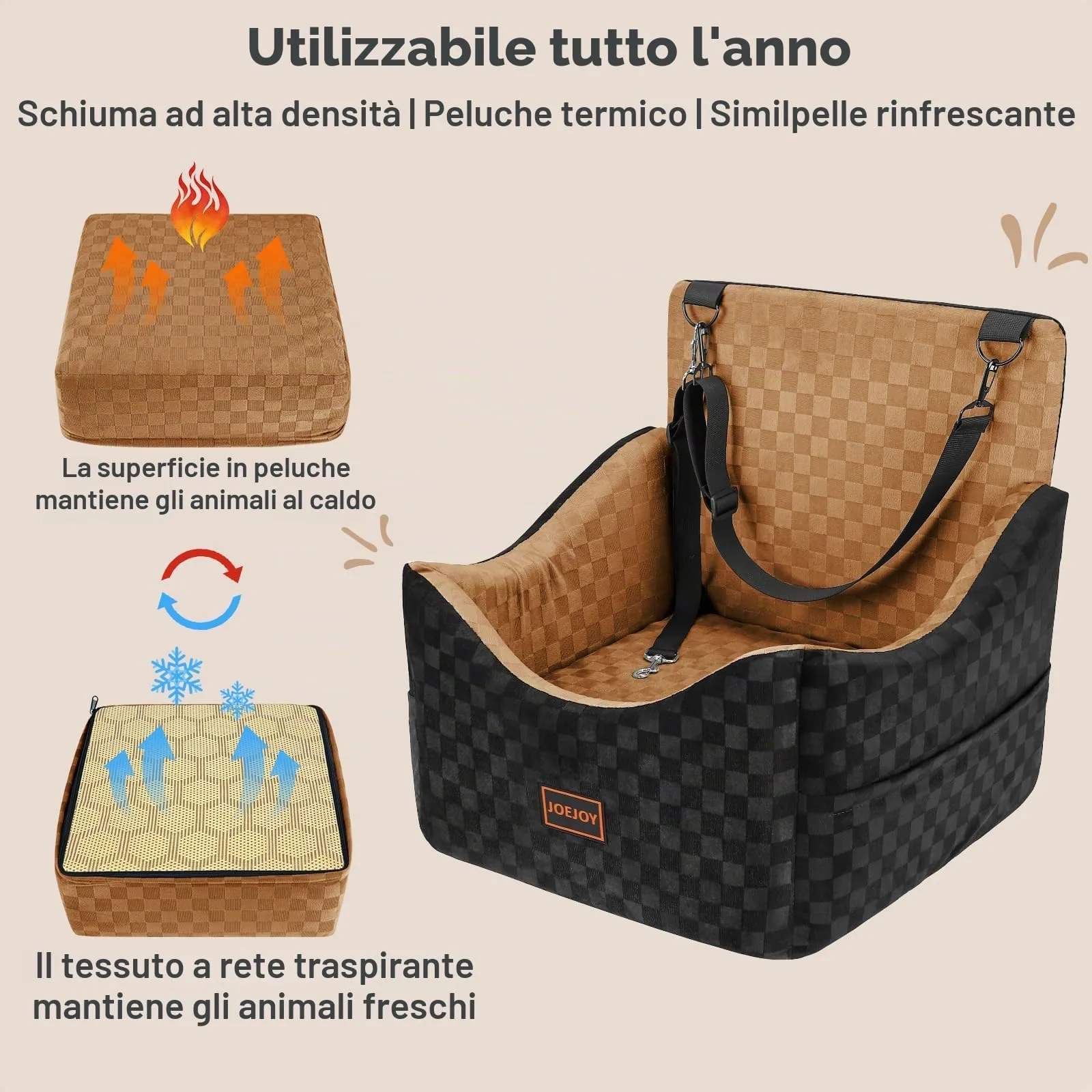 JOEJOY Seggiolino Auto per Cani di Piccola e Media Taglia, Memory Foam, Reversibile, Marrone - immagine 6