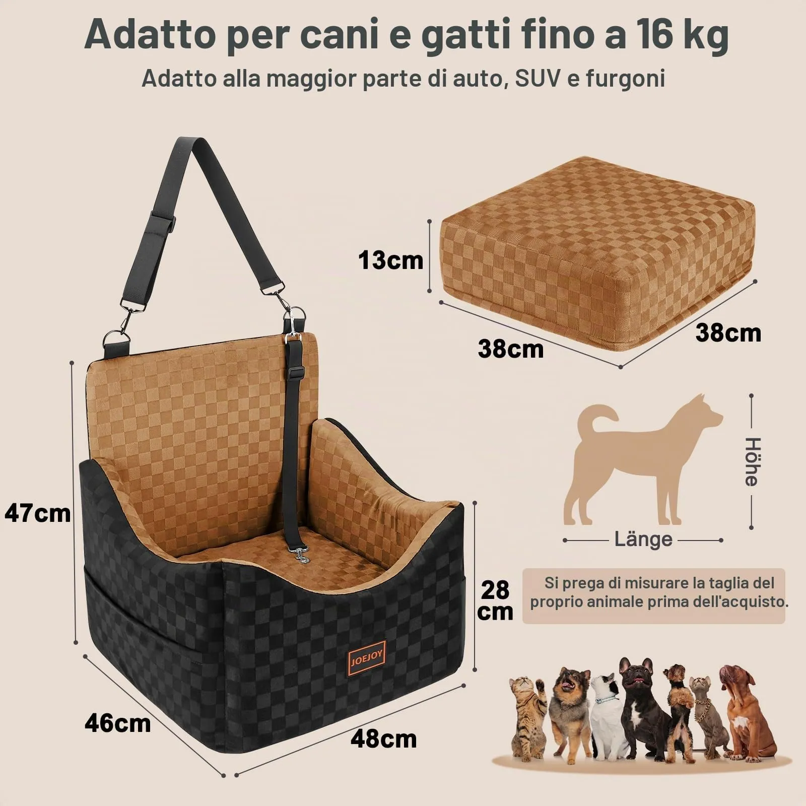 JOEJOY Seggiolino Auto per Cani di Piccola e Media Taglia, Memory Foam, Reversibile, Marrone - immagine 8
