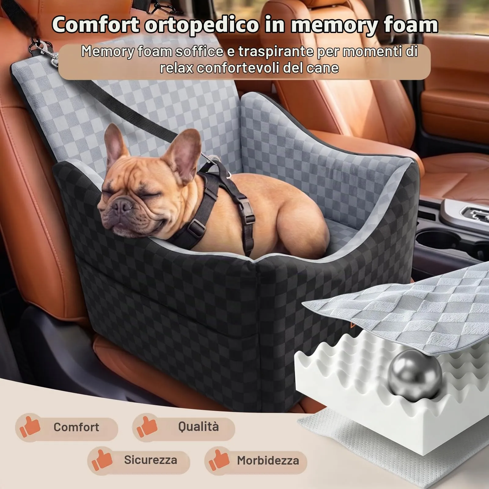 JOEJOY Seggiolino per auto per cani di taglia piccola e media, lavabile con memory foam e tasche portaoggetti, Grigio - immagine 2