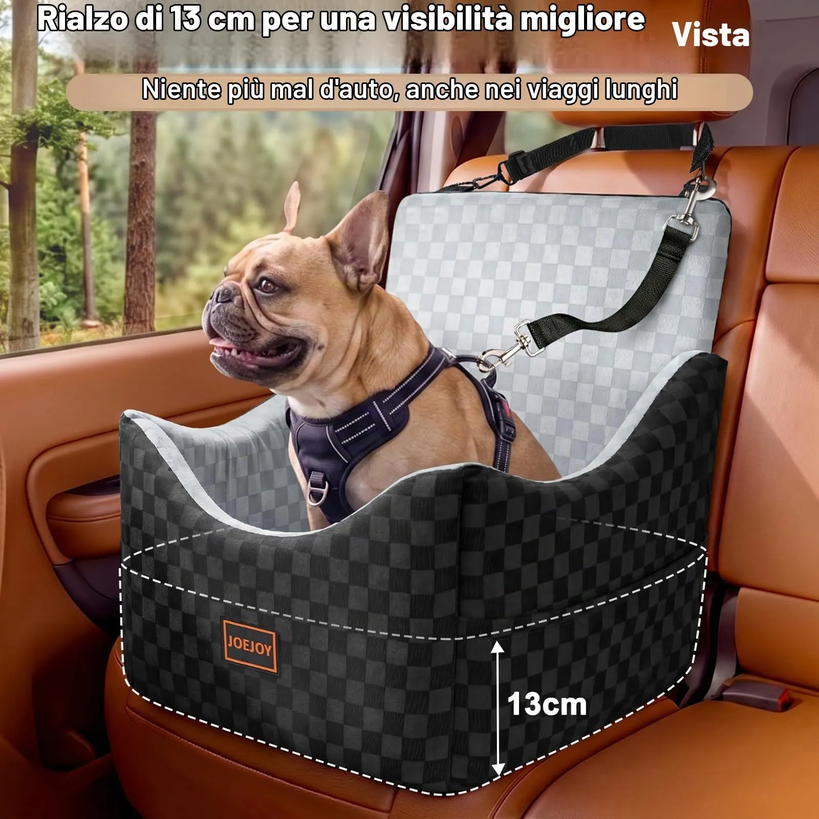 JOEJOY Seggiolino per auto per cani di taglia piccola e media, lavabile con memory foam e tasche portaoggetti, Grigio - immagine 3