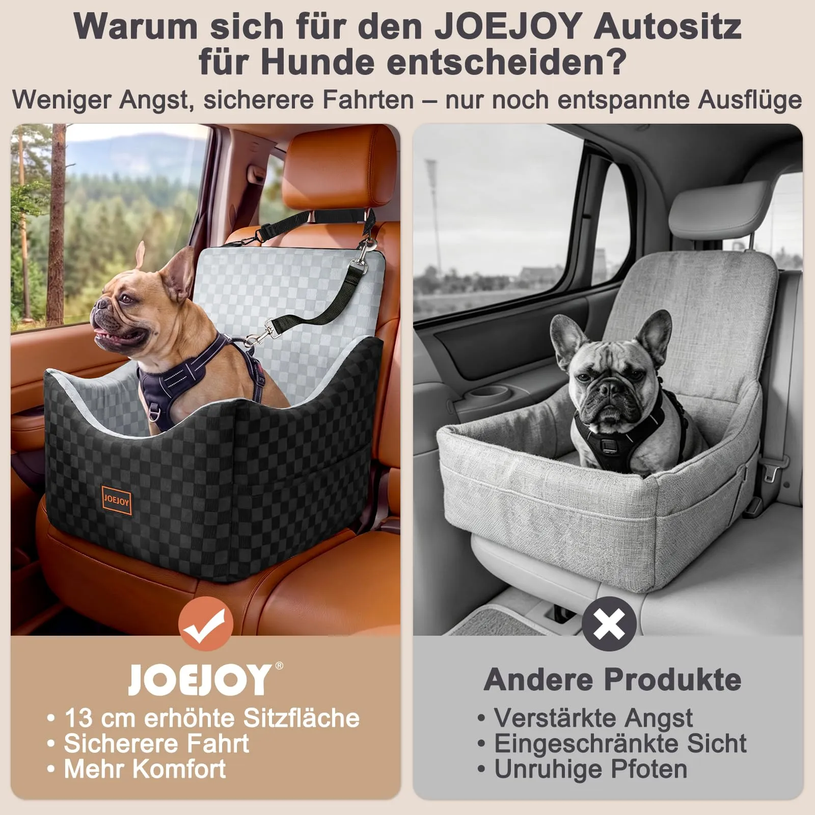 JOEJOY Seggiolino per auto per cani di taglia piccola e media, lavabile con memory foam e tasche portaoggetti, Grigio - immagine 4