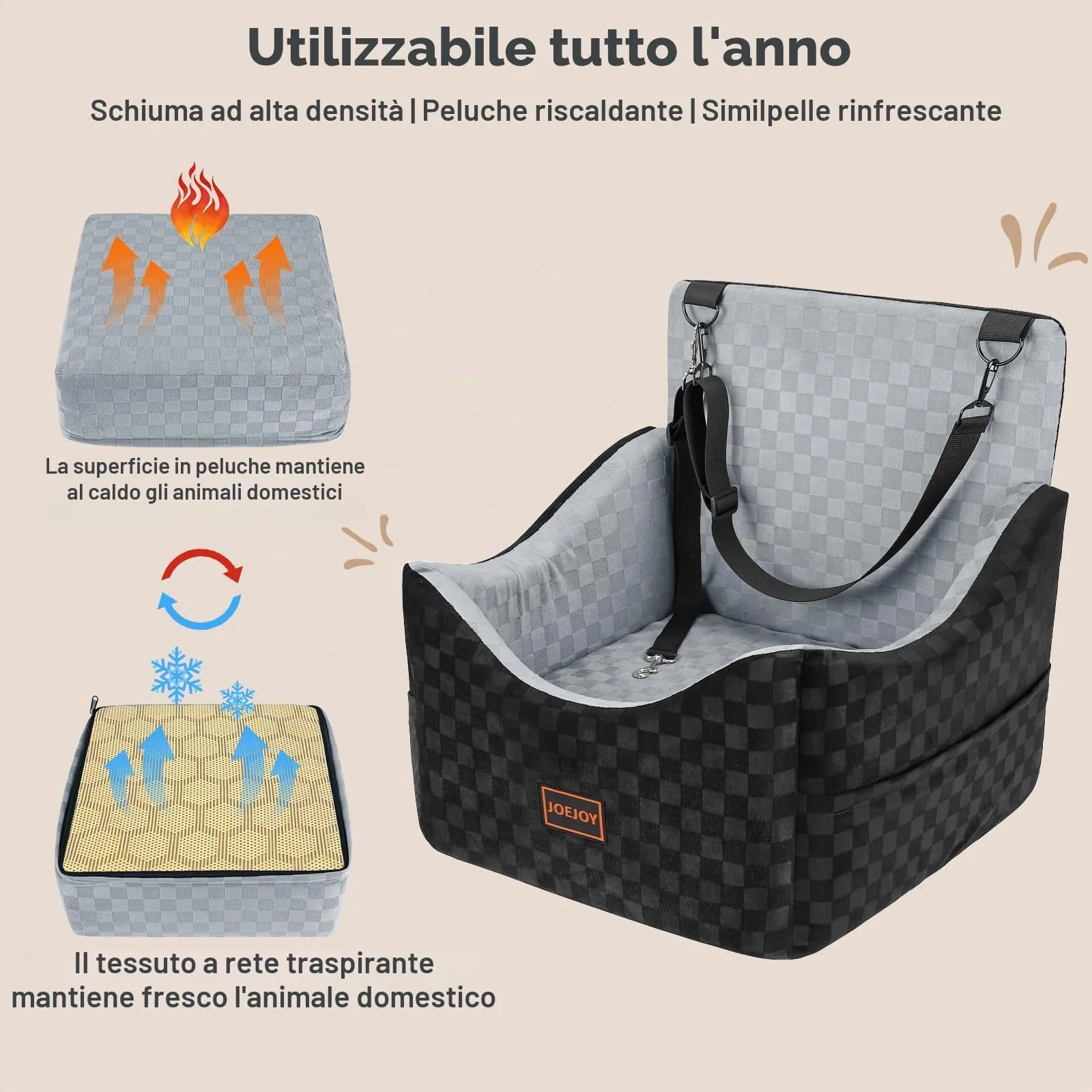 JOEJOY Seggiolino per auto per cani di taglia piccola e media, lavabile con memory foam e tasche portaoggetti, Grigio - immagine 5