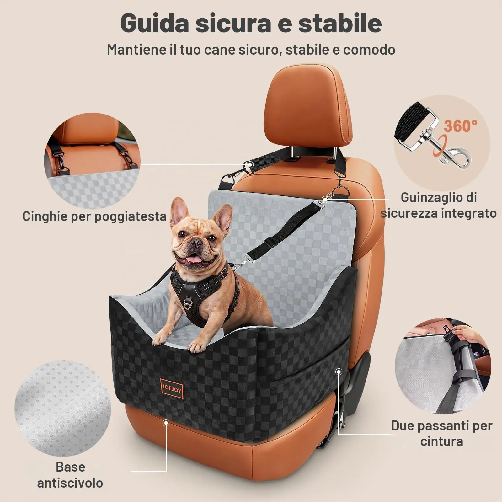 JOEJOY Seggiolino per auto per cani di taglia piccola e media, lavabile con memory foam e tasche portaoggetti, Grigio - immagine 6