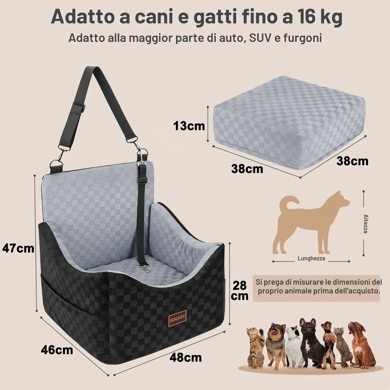JOEJOY Seggiolino per auto per cani di taglia piccola e media, lavabile con memory foam e tasche portaoggetti, Grigio - immagine 8