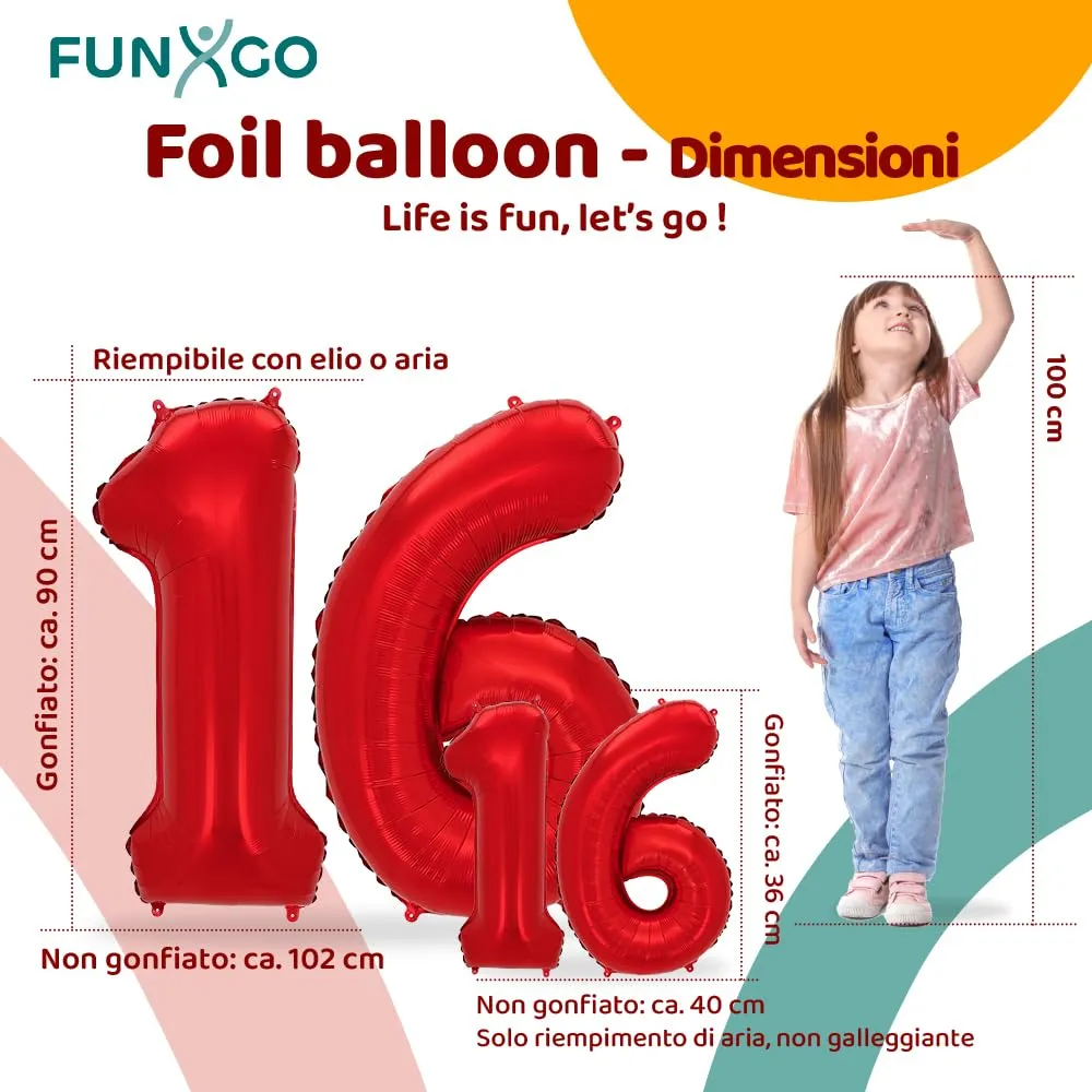 FUNXGO Palloncino Numero 16 Rosso - immagine 2