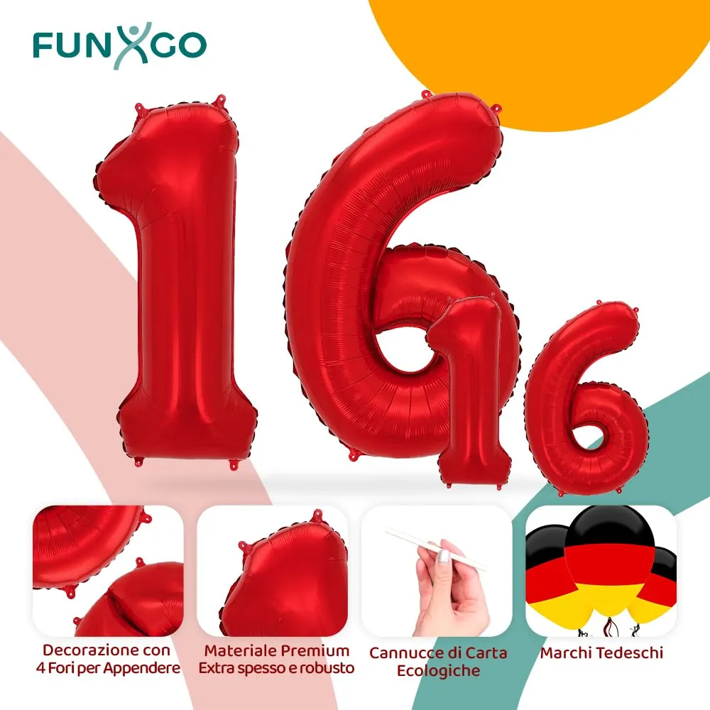 FUNXGO Palloncino Numero 16 Rosso - immagine 3
