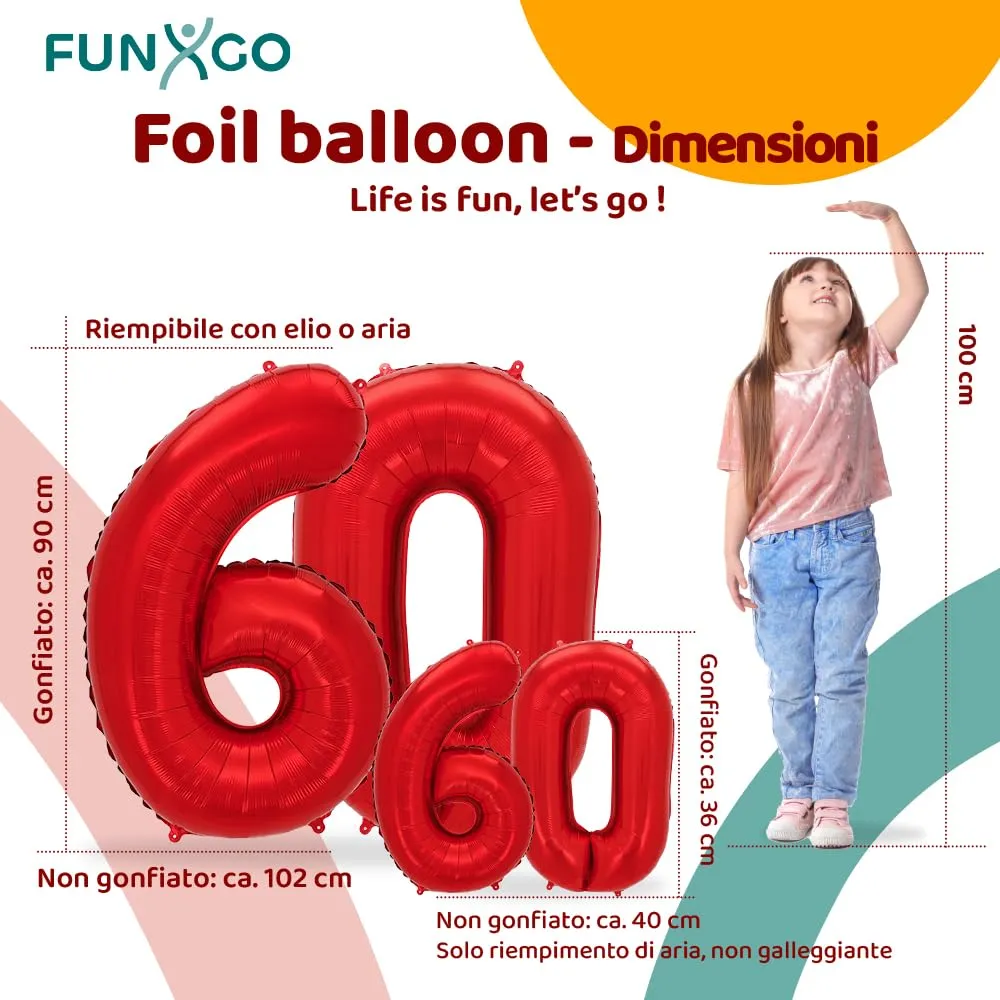 FUNXGO Palloncino Numero 60 Rosso - immagine 2